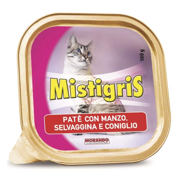 Confezione di Mistigris Patè con Manzo, Selvaggina e Coniglio 100g per gatti