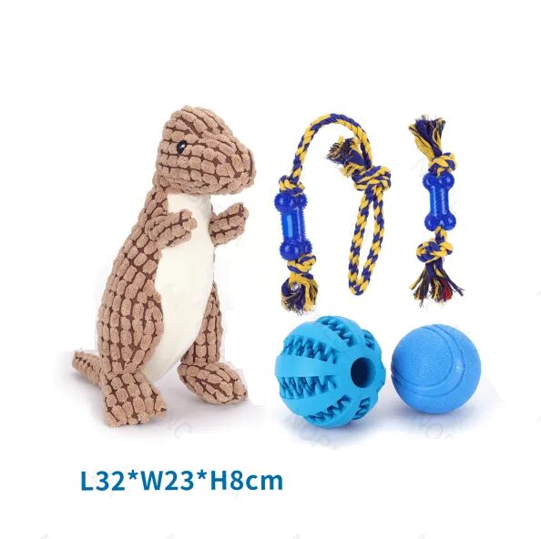 Set di 5 giocattoli per cani con dinosauro di peluche, palline in gomma e corde intrecciate