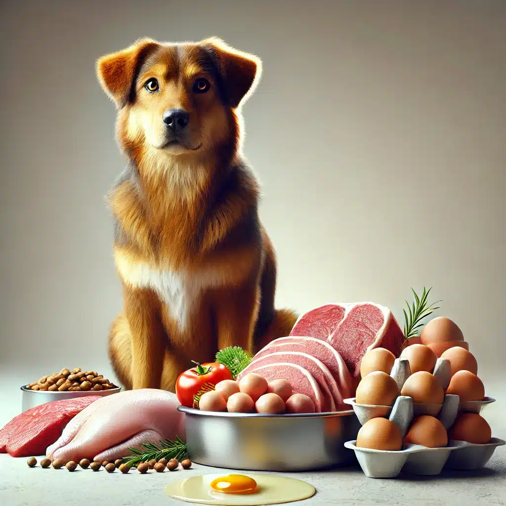 Cane sano accanto a una varietà di alimenti proteici freschi, tra cui carne di manzo, pollo, pesce e uova