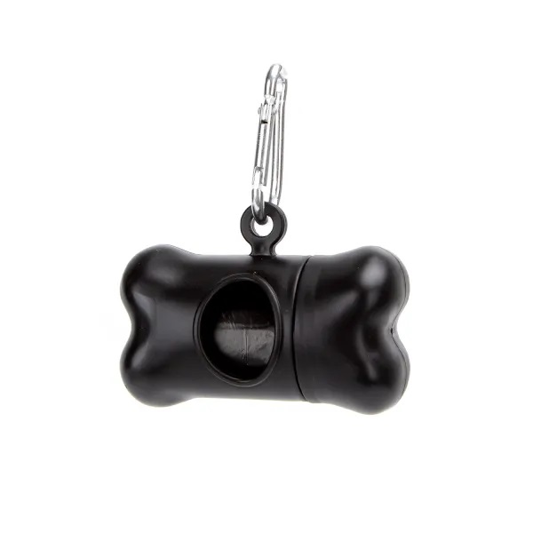 Dispenser per sacchetti igienici per cani a forma di osso, colore nero con moschettone
