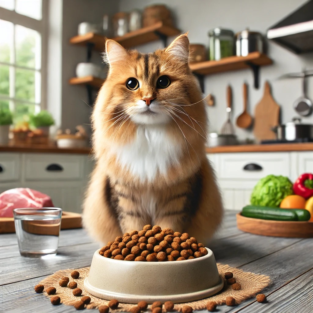 Gatto felice e sano che mangia crocchette di alta qualità in una cucina accogliente, con una ciotola di acqua fresca accanto e verdure fresche e carne sul bancone