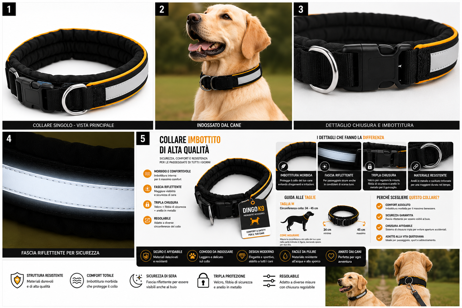 Infografica collare imbottito riflettente per cani Dingo K9