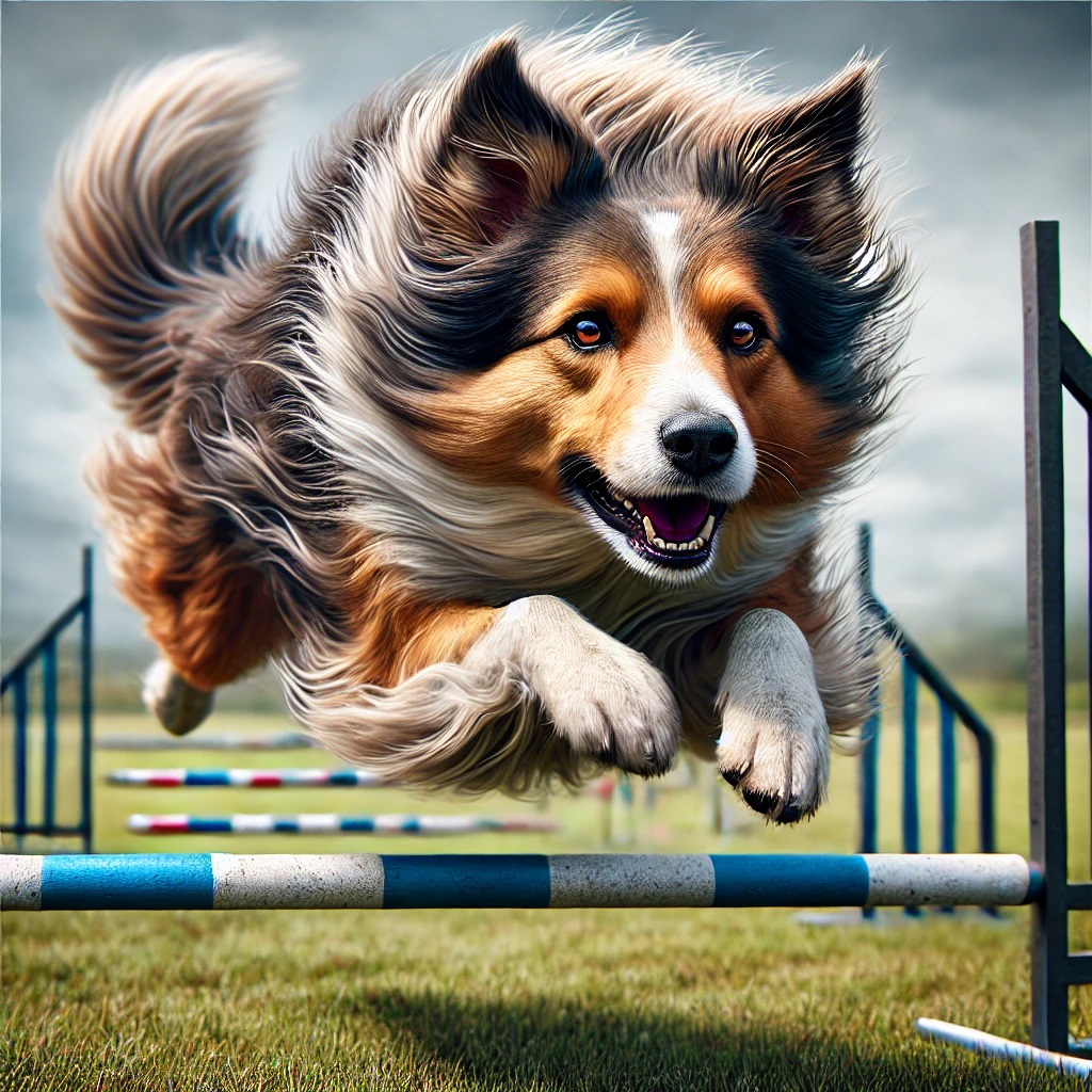 Un Border Collie mentre salta un ostacolo in una gara di agility, mostrando un'espressione di determinazione e gioia, con il pelo in movimento e ostacoli sullo sfondo
