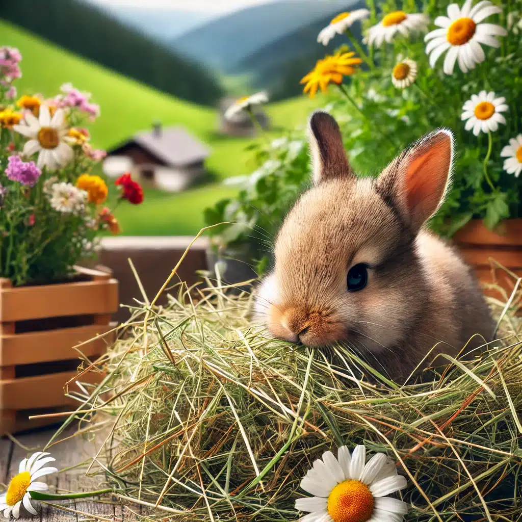 Coniglio nano che mangia fieno naturale in un ambiente montano con fiori di camomilla