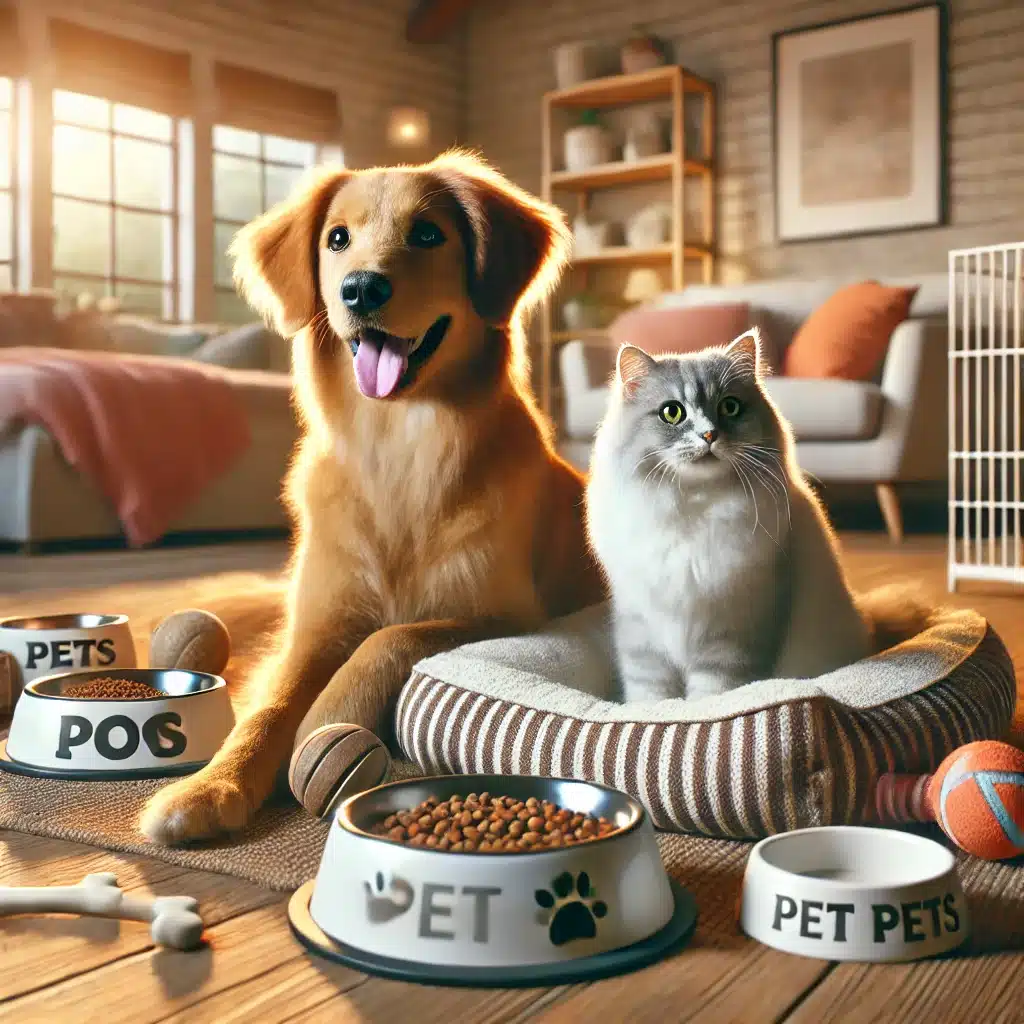 Un cane e un gatto felici giocano insieme in un ambiente domestico accogliente, circondati da prodotti per animali come ciotole, giocattoli e lettini