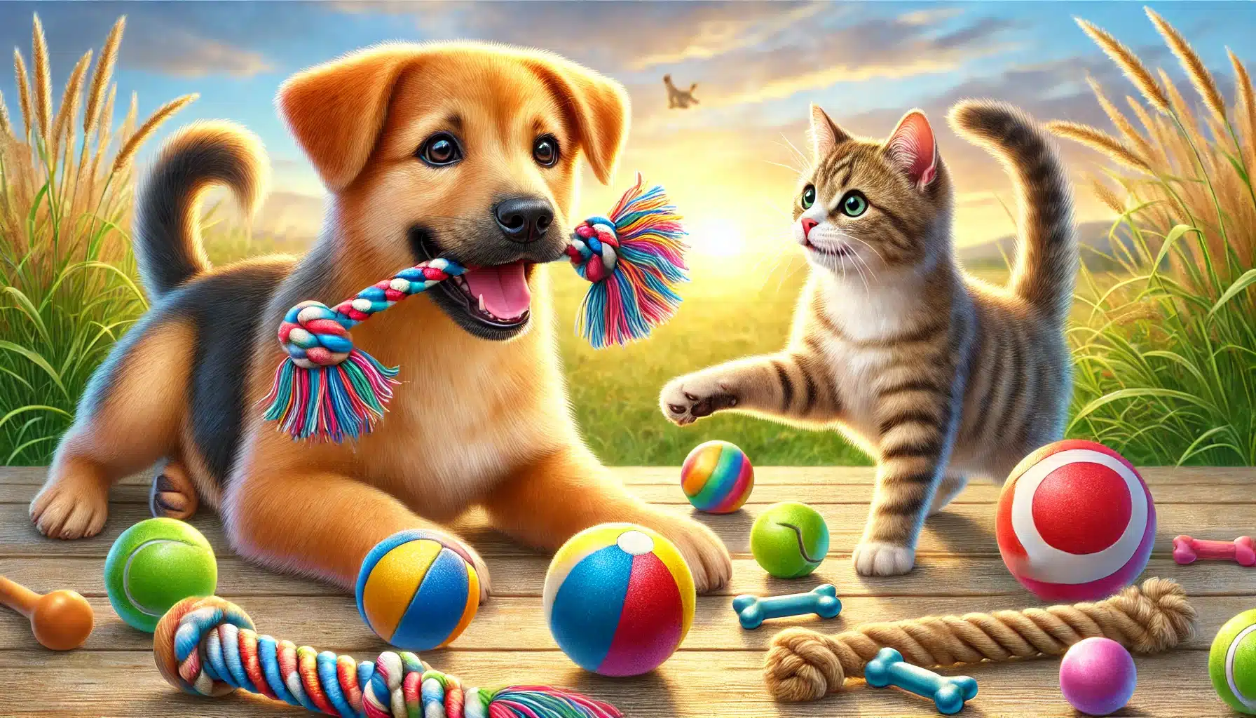 Un cane e un gatto felici che giocano con giocattoli colorati all'aperto, in un ambiente naturale e vivace