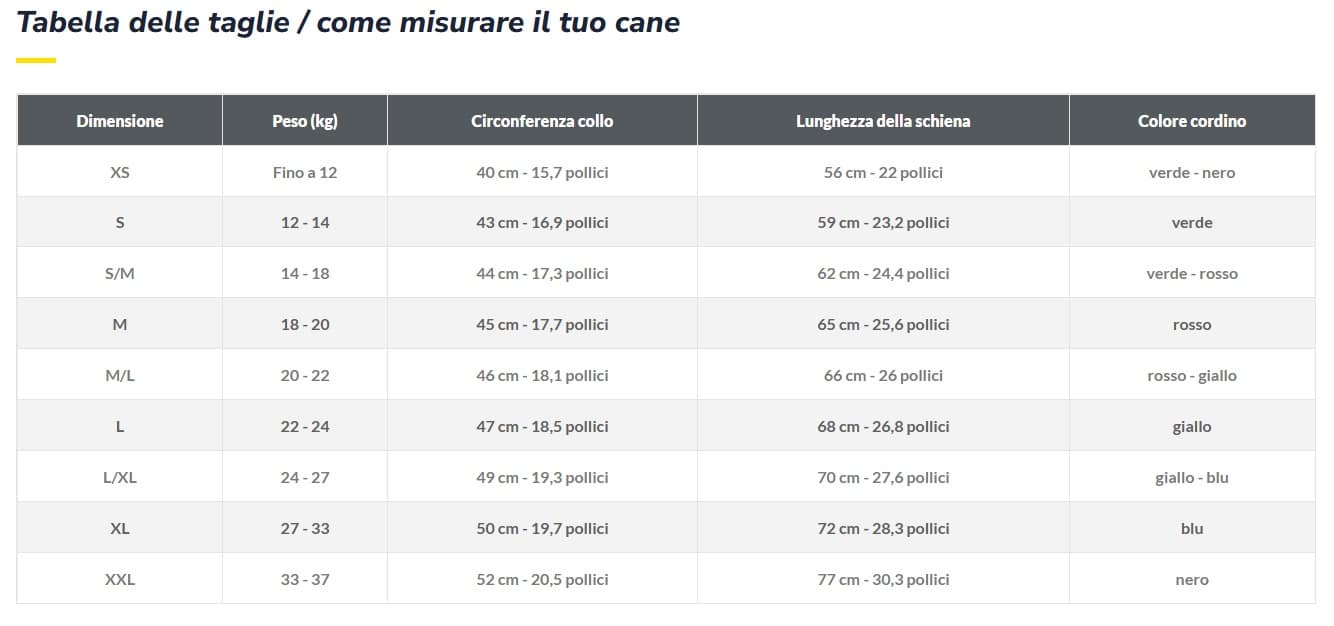 tabella misure cintura canicross