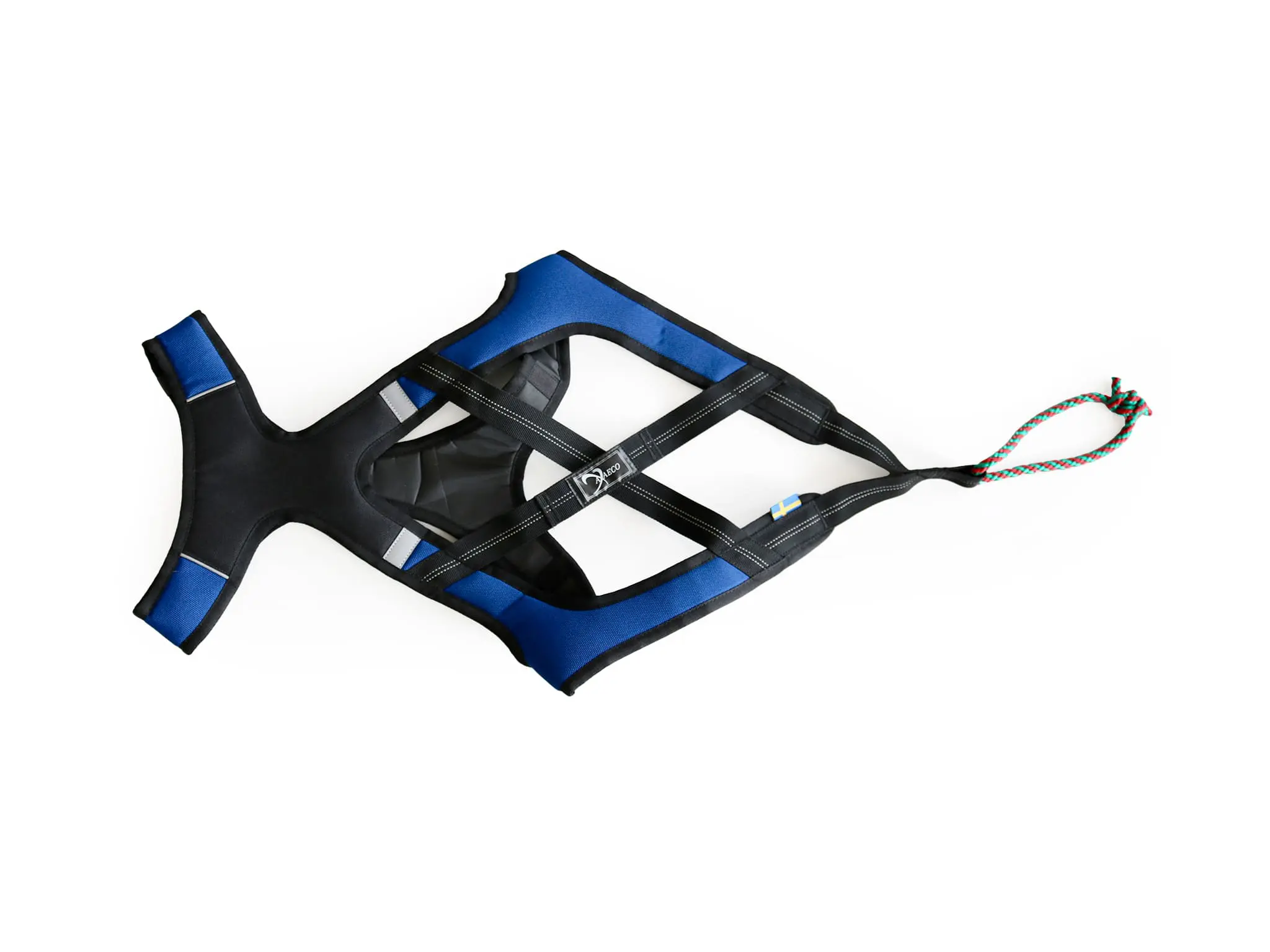 Imbracatura X Shirt 2.0 vista dall'alto, con struttura ergonomica e colori blu e nero