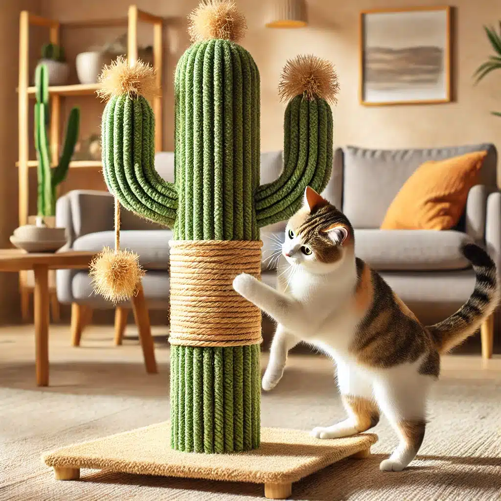 Gatto che graffia un tiragraffi a forma di cactus in corda di canapa, in un soggiorno accogliente