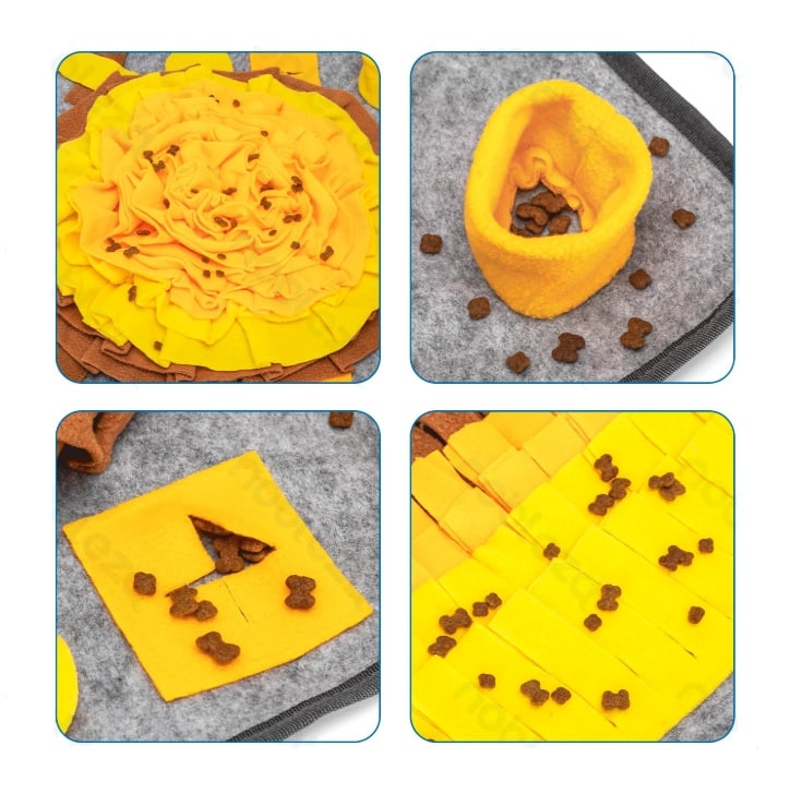 Primo piano delle aree di ricerca della coperta olfattiva per cani, con scomparti per nascondere snack e croccantini