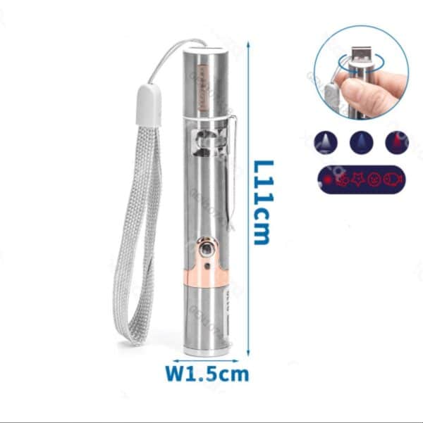Puntatore laser per gatti in acciaio con ricarica USB, torcia LED e vari motivi proiettabili