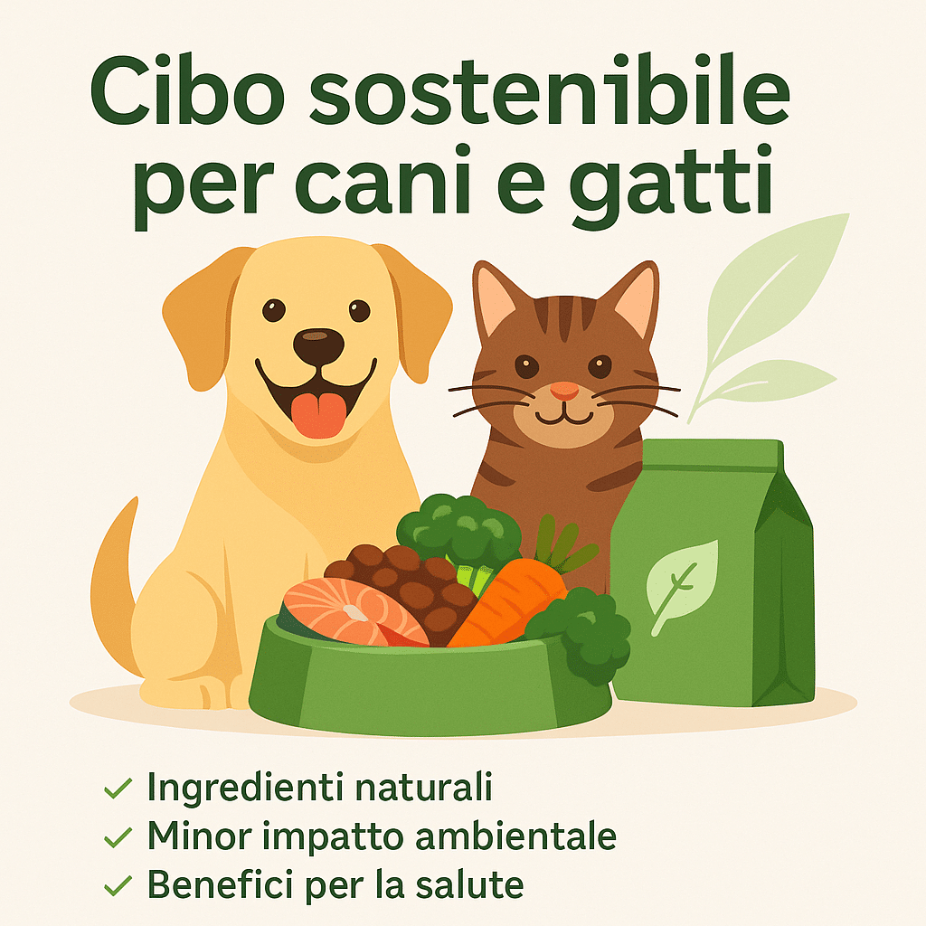 Illustrazione di cane e gatto accanto a una ciotola di cibo naturale con verdure e salmone, simbolo di alimentazione sostenibile