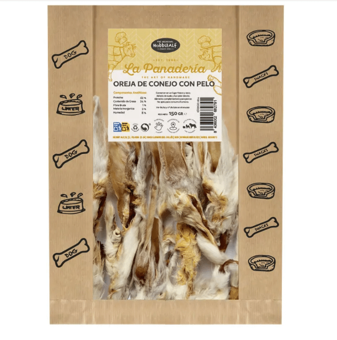 Orecchie di coniglio cane pelose in sacchetto paperbag da 150 g, snack naturale essiccato all’aria