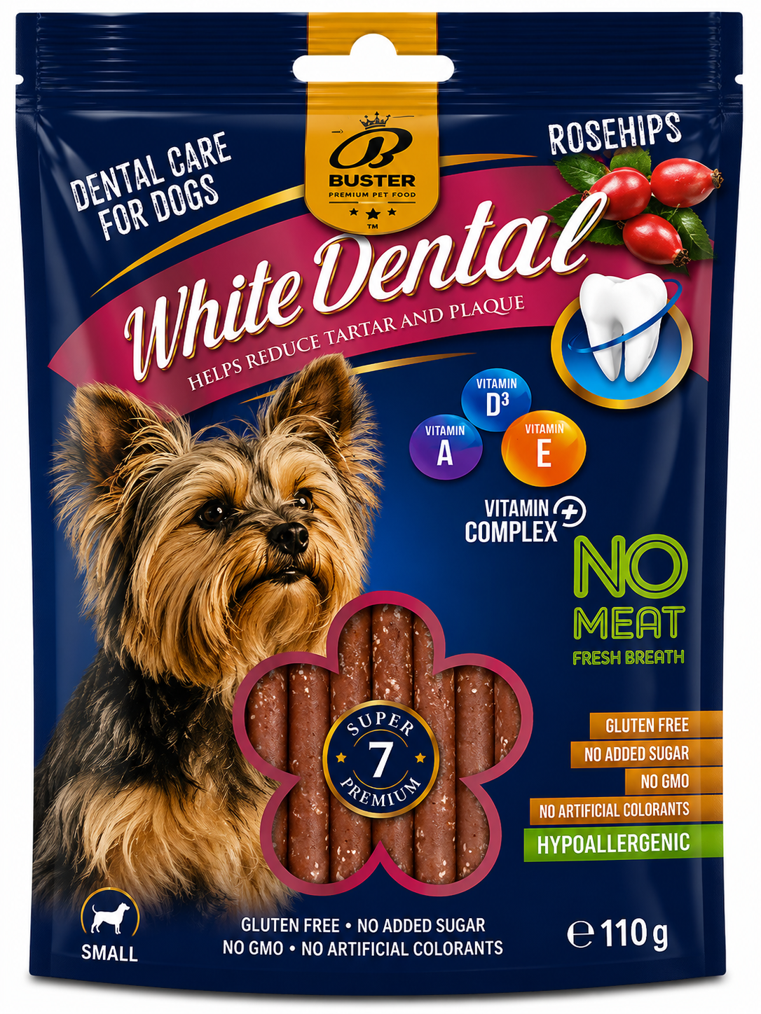 Snack dentale per cani White Dental Rosa Canina 110g con rosa canina, ipoallergenico e senza carne